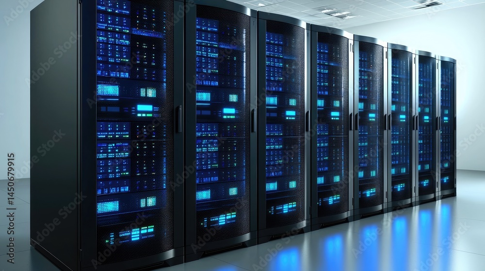 Fototapete Reflective server cabinets in a secure center with glowing lights, perfect for showcasing hosting environments, big data, or software operations