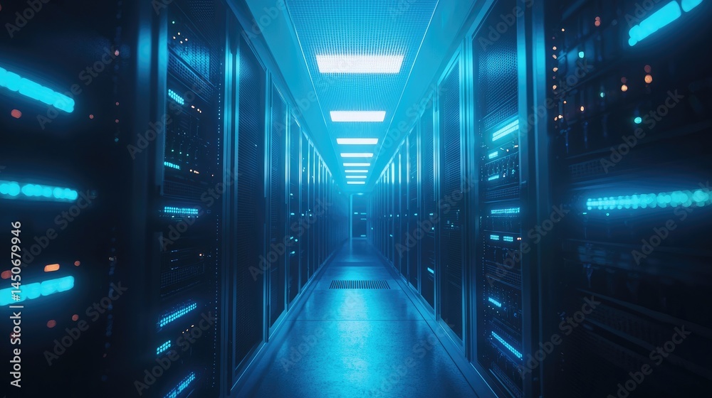 Poster blue-lit server banks in a symmetrical formation, great for cloud storage representation, web hostin