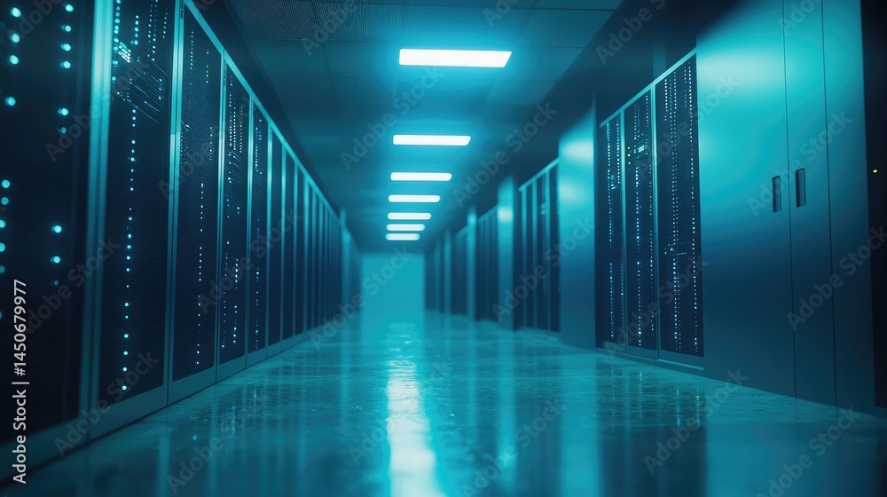 Fototapete modern data center with glowing blue servers in a symmetrical layout, ideal for it infrastructure, c