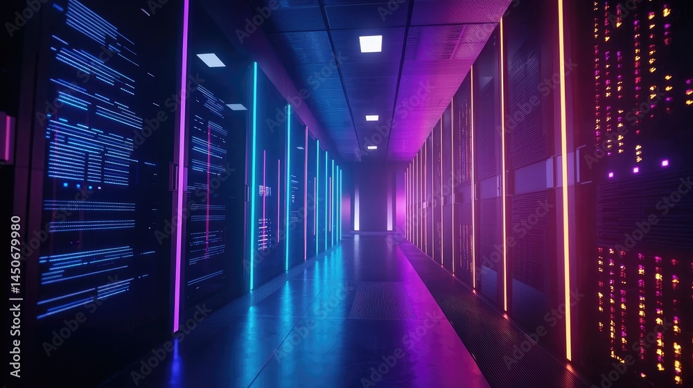 Poster Futuristic corridor of illuminated server racks in a high-tech environment, perfect for network technology and secure data storage use cases