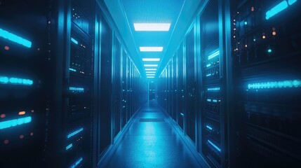 Fototapeta premium Blue-lit server banks in a symmetrical formation, great for cloud storage representation, web hosting platforms, and digital control systems