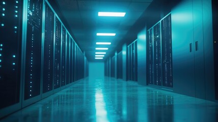 Fototapeta premium Modern data center with glowing blue servers in a symmetrical layout, ideal for IT infrastructure, cloud services, and cybersecurity projects