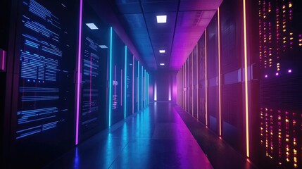 Fototapeta premium Futuristic corridor of illuminated server racks in a high-tech environment, perfect for network technology and secure data storage use cases