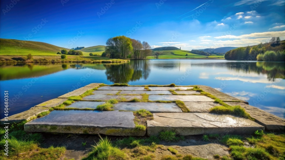 Poster tranquil stone pathway leading to a serene lake surrounded by rolling green hills and reflecting a c