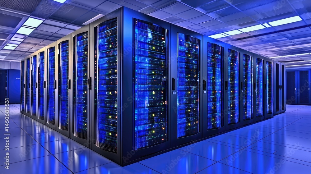 Poster Corporate server center with reflective lighting and symmetrical layout, suitable for business data presentations, virtual platforms, and software