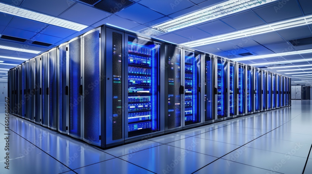 Poster clean server room with symmetrical racks and neon lighting, great for it business websites, cyber pr