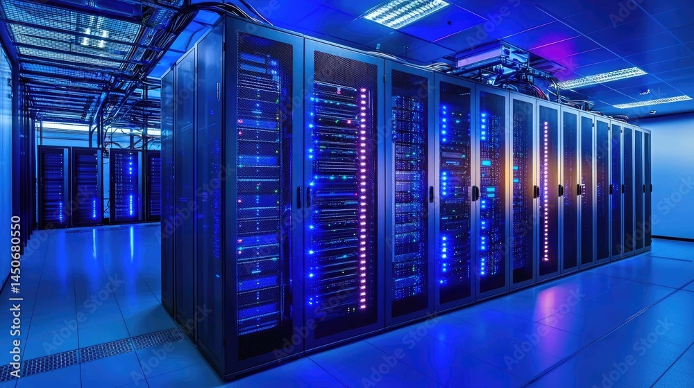 Leinwandbilder high-performance computing room with deep blue ambient lights, great for ai development visuals, it 