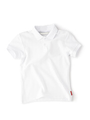 Mockup clothes blank Polo T shirt crumpled and waves lies isolated on white studio background with shadow. Front view white Polo Shirt with Wrinkled on background. Top view template for fashion design