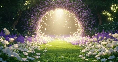 Naklejka premium Enchanted garden scene with blooming flowers, golden light, and mystical archway in springtime ambiance