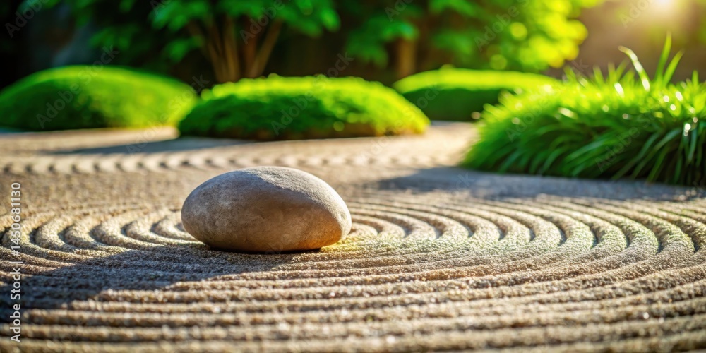 Poster a single stone resting in the center of a circular pattern of raked sand in a tranquil zen garden