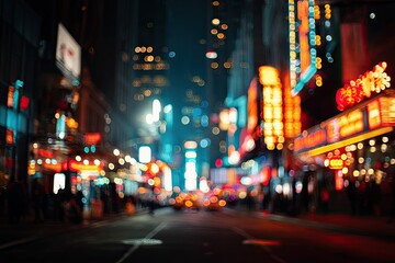 Night city street scene with blurred lights and people.  Busy urban area with bright neon signs