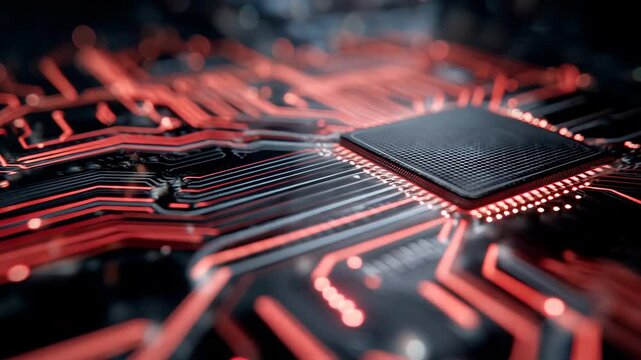 Close up view of a computer microchip with red and black circuit board pathways. Dark background with subtle bokeh. High tech, detailed imagery.