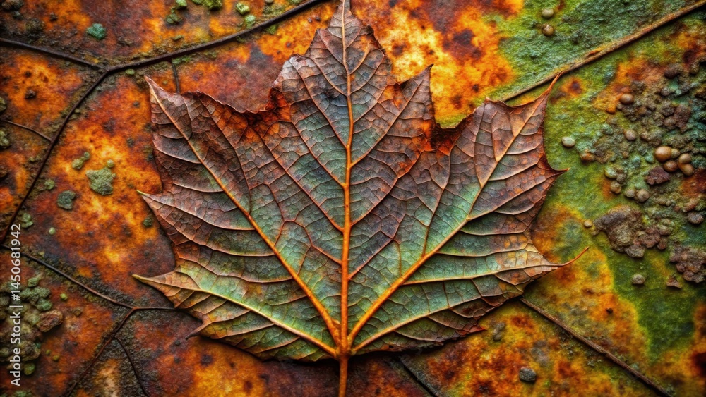 Aufkleber a single leaf, weathered and worn, rests upon a surface of rust and decay, revealing a captivating i