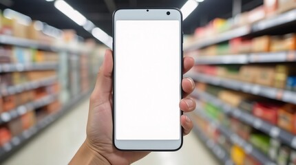 Smartphone with Blank Screen in Supermarket Aisle