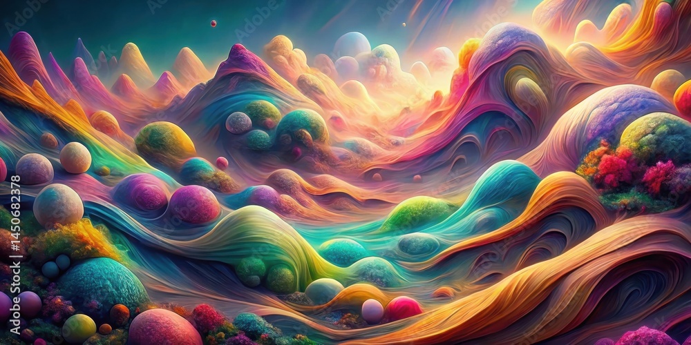 Poster A vibrant and surreal landscape of swirling colors and organic shapes, creating a mesmerizing visual journey through an imaginary world.