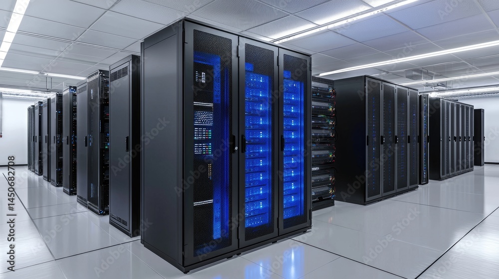 Aufkleber Symmetrical racks with blue accents in an organized server room, ideal for showing digital transformation, backup solutions, and smart storage