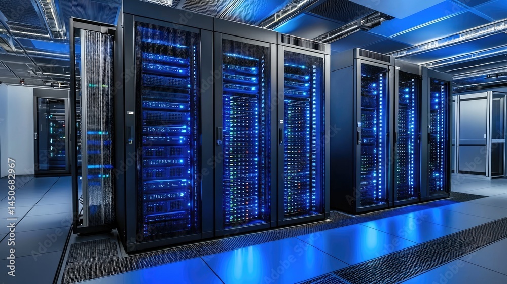 Poster sleek interior server setup with glowing cable traces and clean layout, great for digital it service