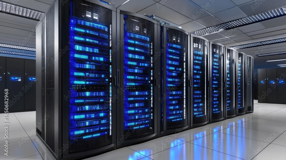 Poster Secure server block with radiant blue light effects, ideal for visualizing stable data solutions, big data centers, and global IT platforms