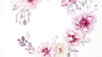 Obraz premium Watercolor Floral Wreath with Peonies and Eucalyptus on White