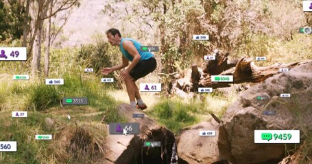 man balancing on cut tree trunk in forest clearing, displaying social media marketing counters