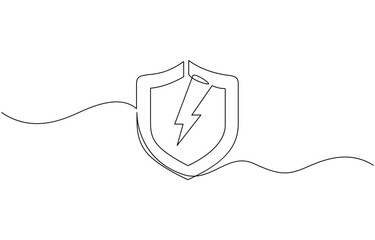 Obraz premium Continuous linear drawing of shield with lightning. Safety concept, Security shield energy icons continuous one line drawing, protection.