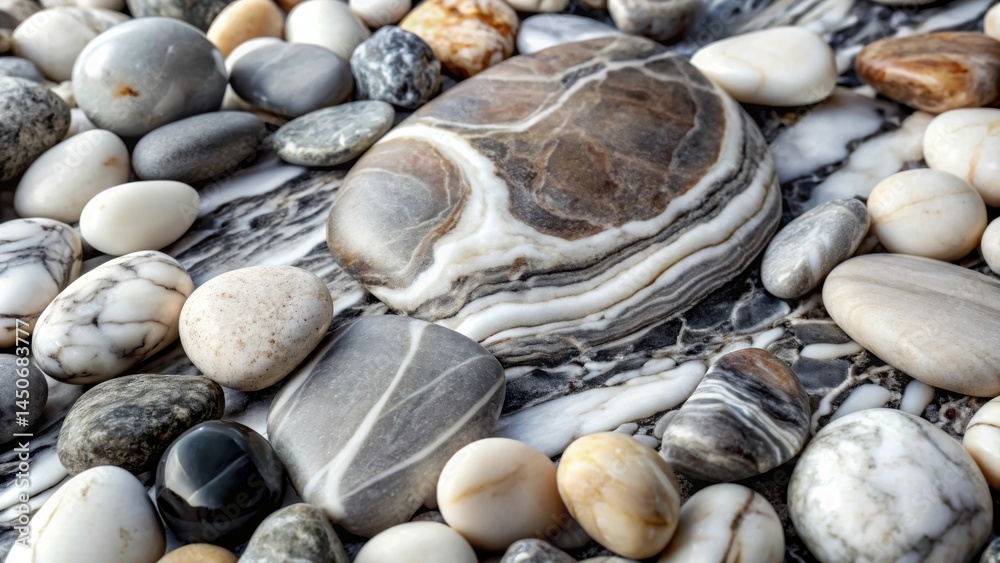 Aufkleber a cluster of smooth, gray and white stones with a swirling pattern, nestled together on a textured s