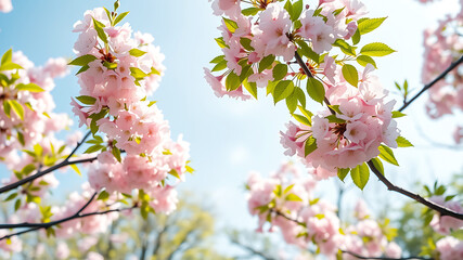 Obraz premium Beautiful Pink Cherry Blossoms in Full Bloom Against a Blue Sky