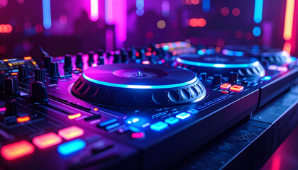 Close-up of a futuristic DJ table with glowing LED buttons, turntables, mixer sliders, neon ambient lighting, in a dark club environment