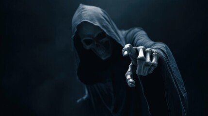 Grim reaper figure in a dark setting, reaching out with a skeletal hand. Spooky Halloween image.