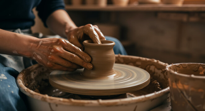 Hands shaping clay pot on potter's wheel in workshop. Close up of artisan making ceramics. Traditional handicraft, pottery skill. Banner for making pottery master class