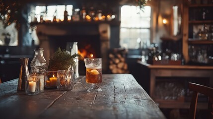 Cozy Bar Scene with Drinks and Candles on a Wooden Table