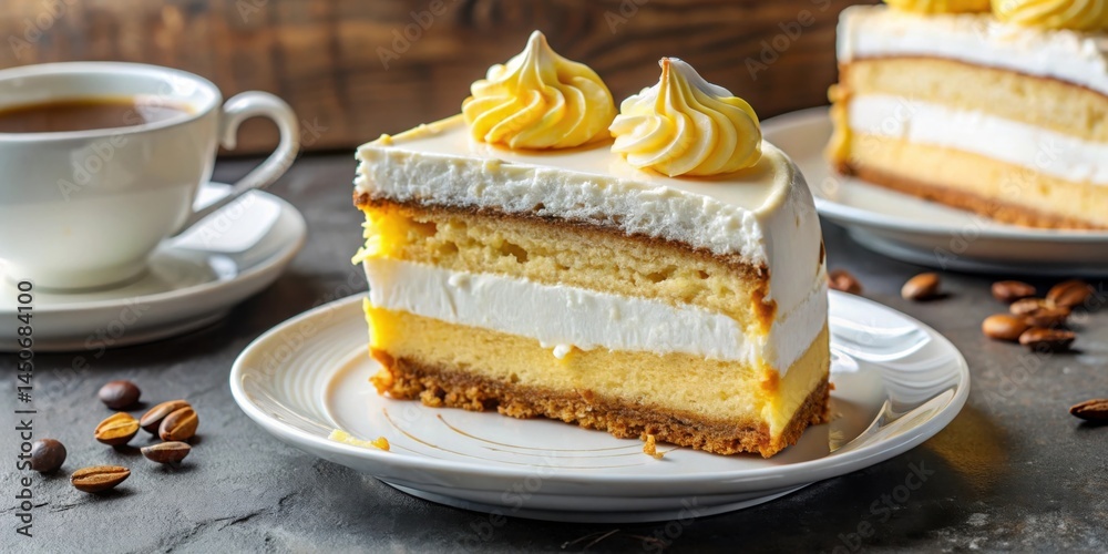 Poster a close-up view of a slice of cake topped with whipped cream and decorated with yellow frosting, sit