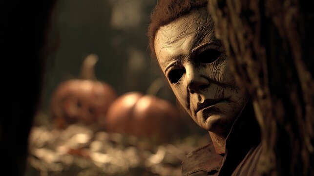 A close-up shot of a sinister figure in a Halloween mask, lurking amidst carved pumpkins. The image is dark and moody, filled with suspense.