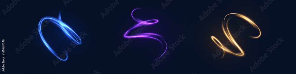 Poster set of glowing spiral light trails in blue, violet, and golden tones on dark background. used in dig
