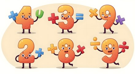 Fototapeta premium Cartoon Number Characters Teaching Math with Addition, Subtraction, and Division