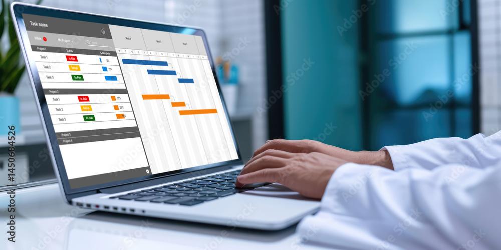 Poster project planning software for brisk business project management on the computer screen showing timel
