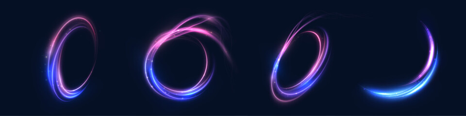Set of glowing pink and blue neon rings and arcs with smooth light trails on dark background. Applied in motion graphics, UI highlights, and abstract digital compositions.   © Valeriia