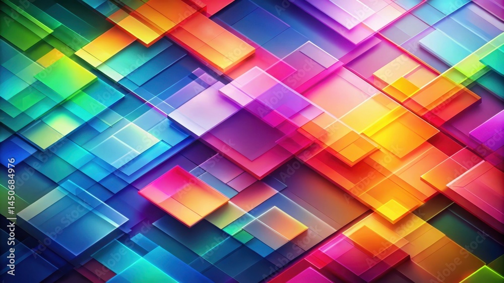 Poster a vibrant geometric pattern of overlapping squares in shades of blue, green, pink, orange, and yello