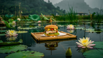 A fish burger on a bamboo tray floating on a calm lake with surrounding lotus flowers — tranquil scene, Asian nature-inspired setting.