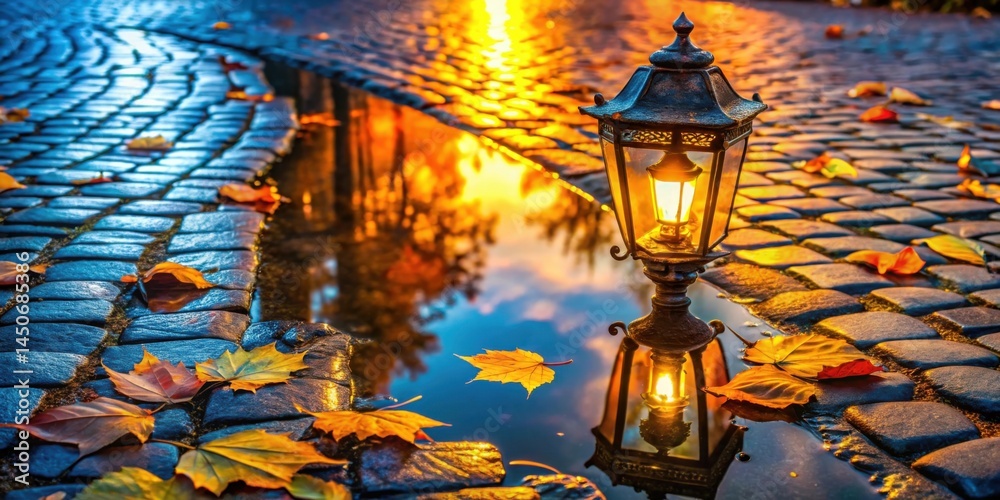 Poster a glowing street lamp reflects in a puddle on a cobblestone path, surrounded by fallen autumn leaves