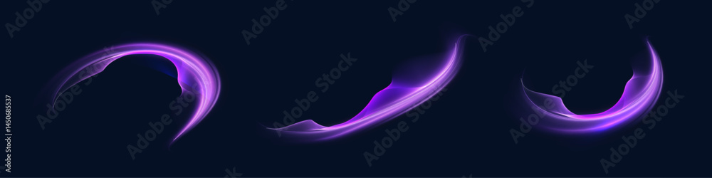 Poster Set of luminous curved wave shapes in purple and violet tones with smooth gradients on dark background. Used in digital compositions, futuristic visuals, and light effect overlays.

