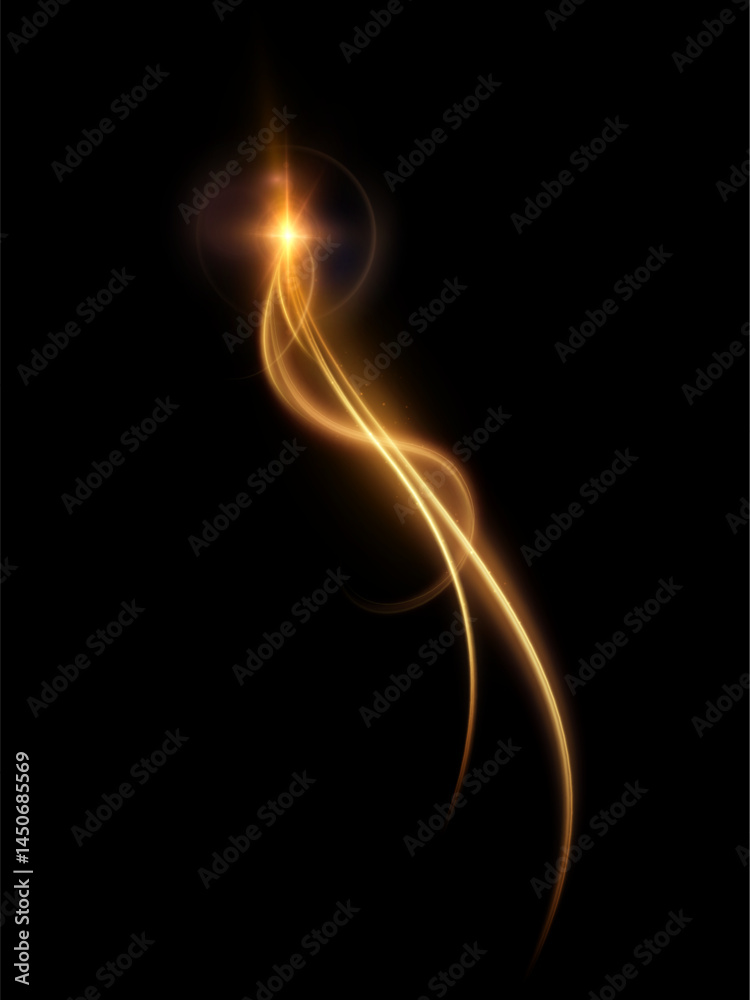 Leinwandbilder golden glowing light stream with smooth curves and flare burst on black background. used in digital 