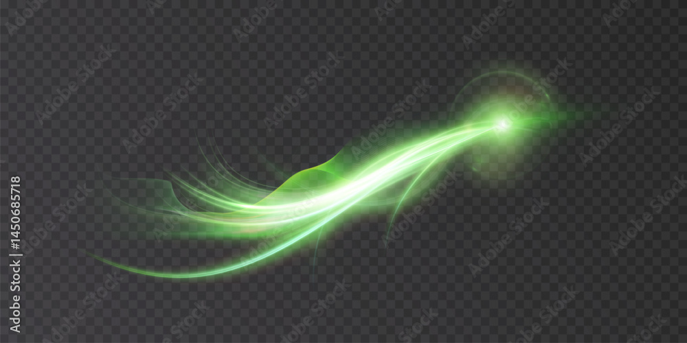 Leinwandbilder Glowing green comet trail with soft curves and radiant flare on transparent background. Features magical light flow and dreamy motion with fairy-tale atmosphere.

