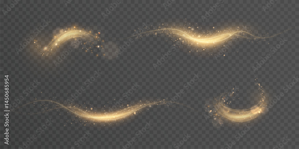 Aufkleber A set of glowing golden light paths with sparkles and smooth curves on a transparent background. A bright effect with a magical movement of dust and a fabulous shimmer in a comet stream.