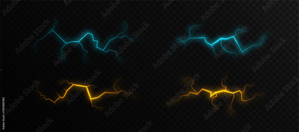 Poster set of glowing lightning bolts in blue and yellow with jagged edges and electric flare on transparen