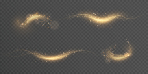 A set of glowing golden light paths with sparkles and smooth curves on a transparent background. A bright effect with a magical movement of dust and a fabulous shimmer in a comet stream. © Valeriia