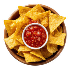 Delicious tortilla chips with fresh salsa in a wooden bowl food photo on transparent background