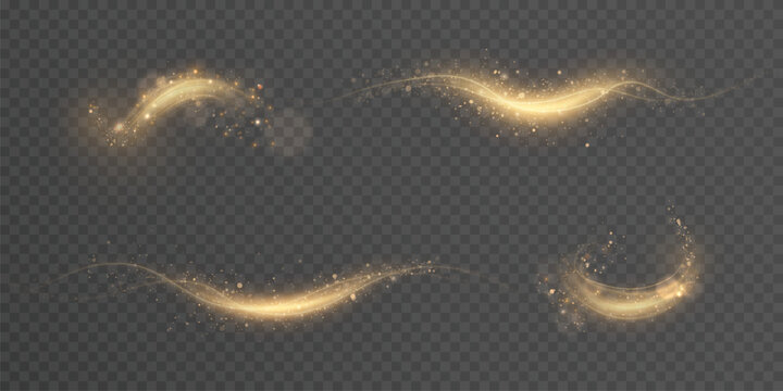 A set of glowing golden light paths with sparkles and smooth curves on a transparent background. A bright effect with a magical movement of dust and a fabulous shimmer in a comet stream.