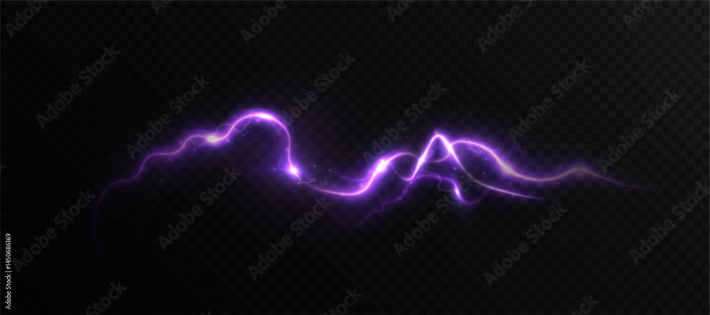 Poster bright electric arc lightning with purple. energy lightning strike with a shimmering splash and glow