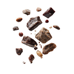 Delicious chocolate chunks and nuts floating on a black background food on transparent background